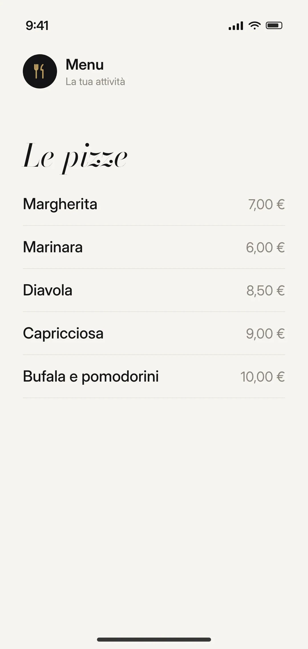 Esempio di schermata: il menu di un locale
